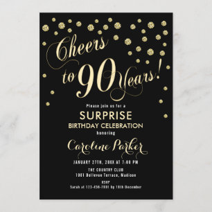 Invitation Surprise 90e fête d'anniversaire - Gold Black