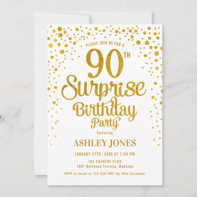 Invitation Surprise 90e fête d'anniversaire - Gold & White (Devant)