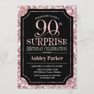 Invitation Surprise 90e fête d'anniversaire - Rose Gold Black