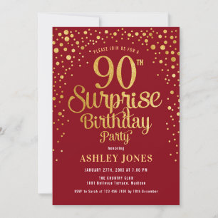 Invitation Surprise 90e fête d'anniversaire - Rouge & Or