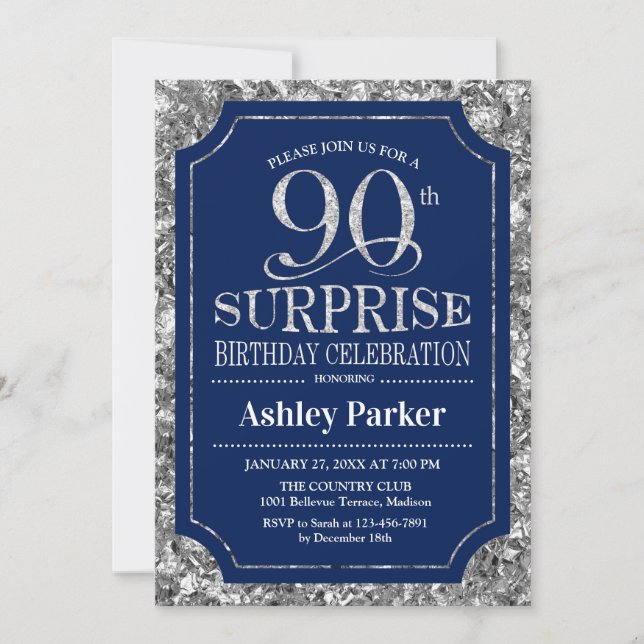 Invitation Surprise 90e fête d'anniversaire - Silver Navy Blu (Devant)