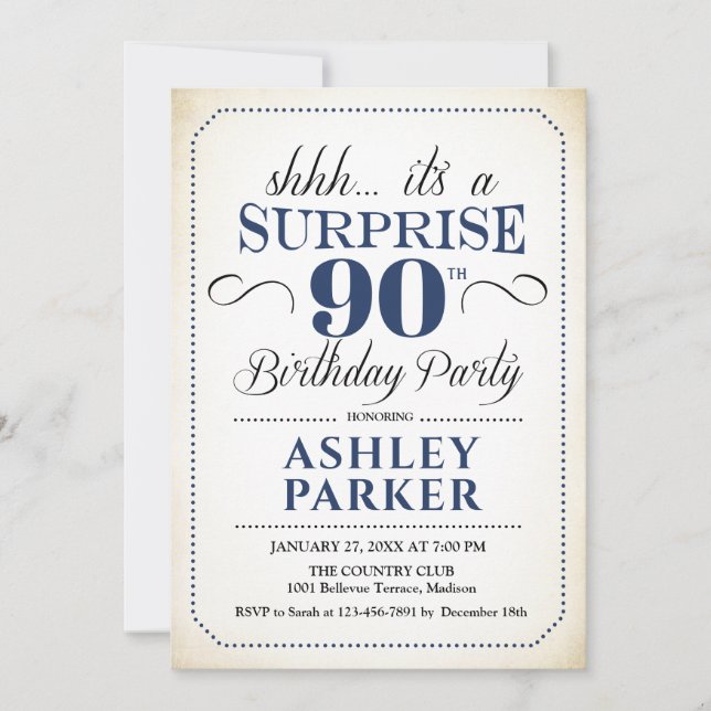 Invitation Surprise 90e fête d'anniversaire - White Navy (Devant)