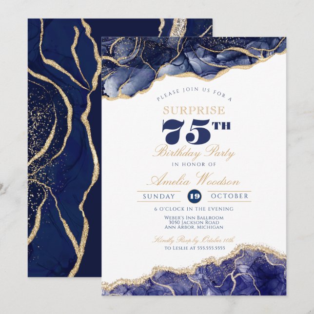 Invitation Surprise Adulte 75e Anniversaire Élégant Agate de  (Devant / Derrière)