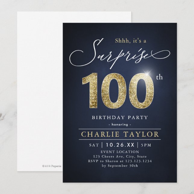 Invitation Surprise adulte moderne bleu et or 100e anniversai (Devant / Derrière)