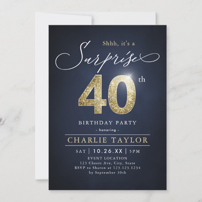 Invitation Surprise adulte moderne bleu et or 40e anniversair (Devant)