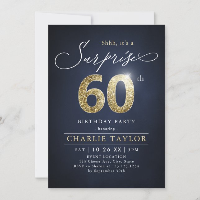 Invitation Surprise adulte moderne bleu et or 60e anniversair (Devant)