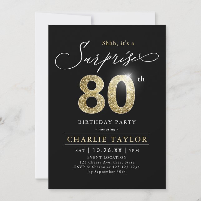 Invitation Surprise adulte moderne noir et or 80e anniversair (Devant)