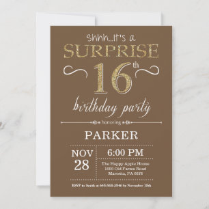 Invitation Surprise Anniversaire 16 ans Paillettes Marron et 