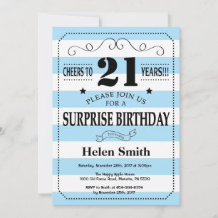 Invitation Surprise Anniversaire 21 Bleu et Rayures Blanches