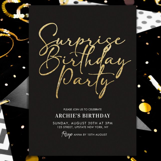 Invitation Surprise Anniversaire Fête Élégant Noir & Or (it's a surprise invitation template gold glitter black and gold modern )