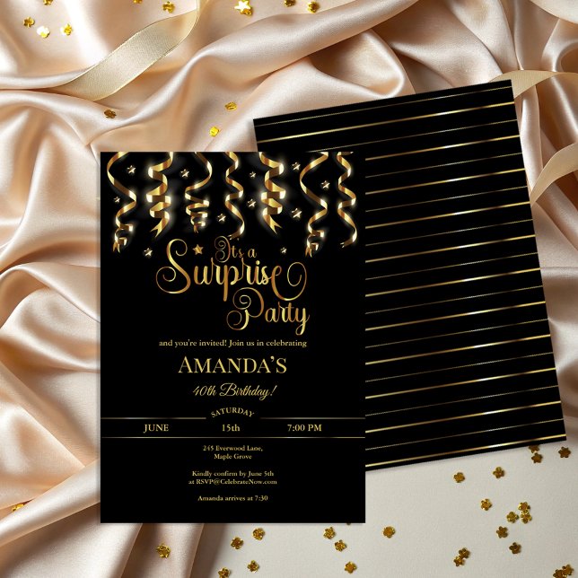 Invitation Surprise Anniversaire Fête Élégant Noir & Or (Créateur téléchargé)