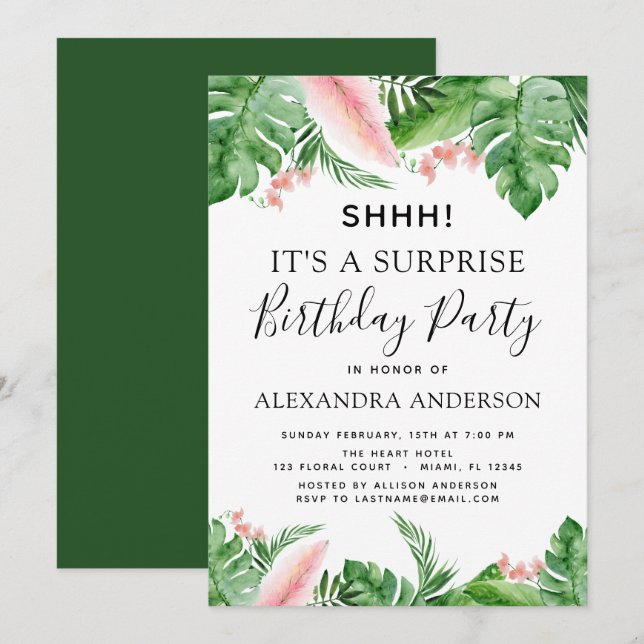 Invitation Surprise Anniversaire Fête Tropical Palm Floral (Devant / Derrière)