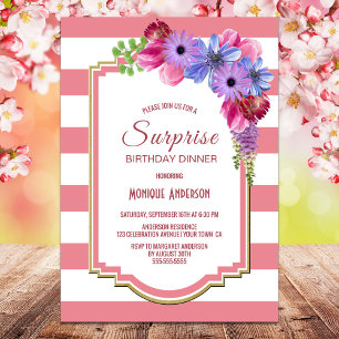 Invitation Surprise Anniversaire rose rayé Purple Floral Part