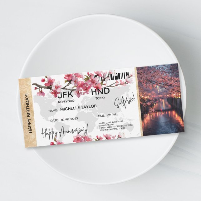Invitation Surprise Birthday Boarding Pass Tokio Trip Ticket (Anniversary surprise trip boarding pass ticket, destination Tokio, cherry blossom)