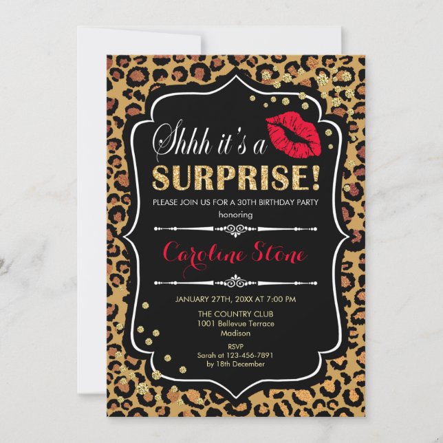 Invitation Surprise Birthday Party - Empreinte de léopard Red (Devant)