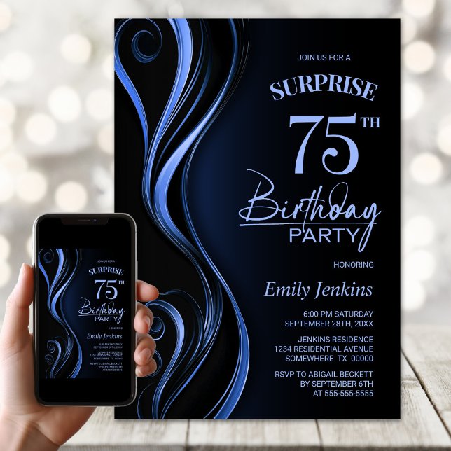 Invitation Surprise Black Blue 75th Birthday Party (Créateur téléchargé)