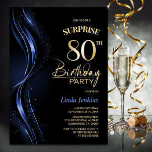 Invitation Surprise Black Blue 80th Birthday Party
