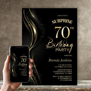 Invitation Surprise Black Gold 70th Birthday Party