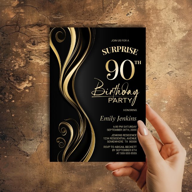 Invitation Surprise Black Gold 90th Birthday Party (Créateur téléchargé)