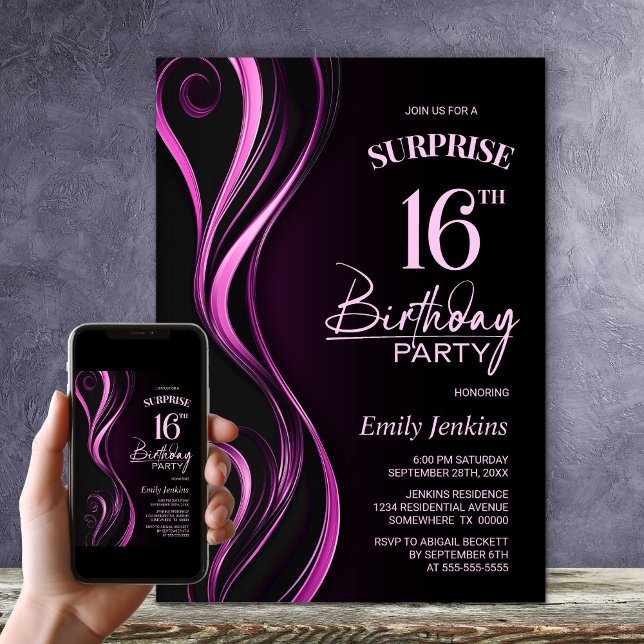 Invitation Surprise Black Pink 16e fête d'anniversaire (Créateur téléchargé)
