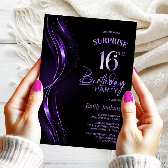 Invitation Surprise Black Purple 16e fête d'anniversaire (Créateur téléchargé)