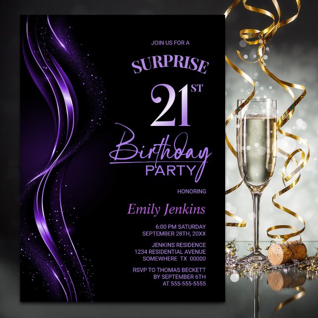 Invitation Surprise Black Purple 21e fête d'anniversaire (Créateur téléchargé)