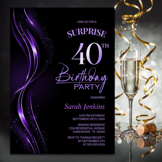 Invitation Surprise Black Purple 40e fête d'anniversaire (Créateur téléchargé)
