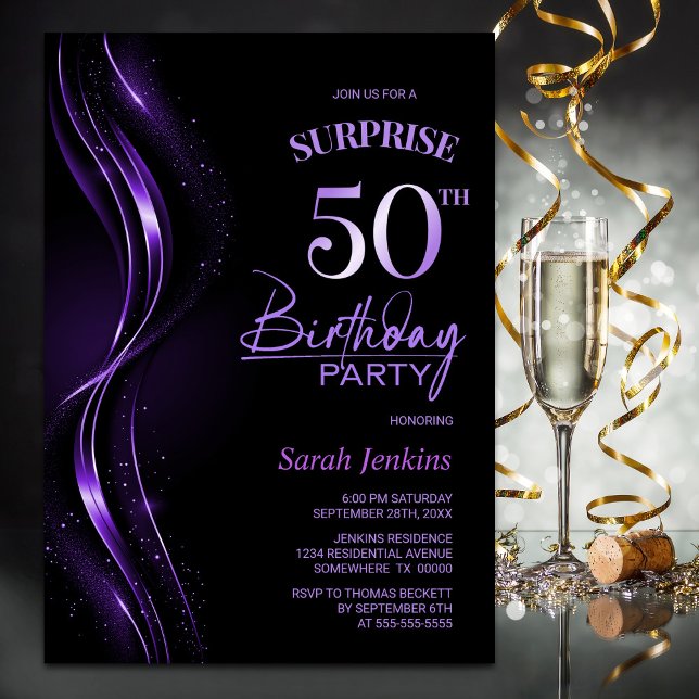 Invitation Surprise Black Purple 50e fête d'anniversaire (Créateur téléchargé)