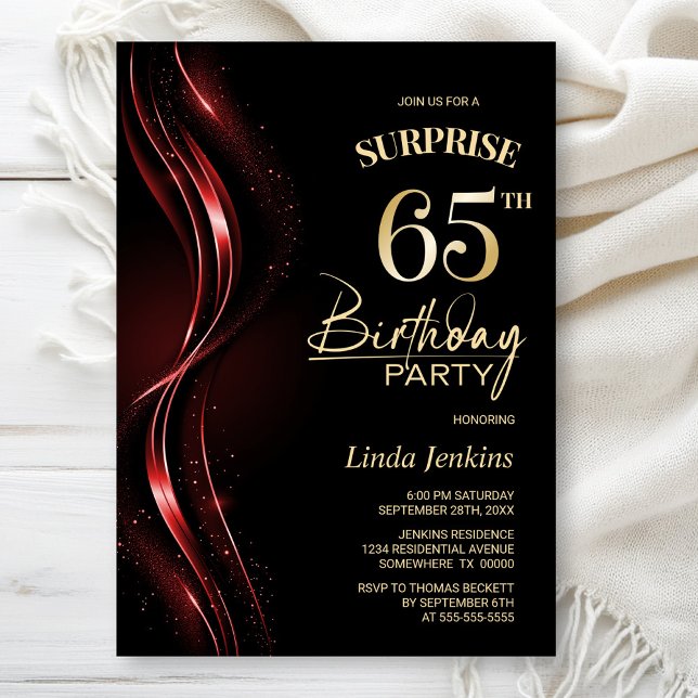 Invitation Surprise Black Red 65th Birthday Party (Créateur téléchargé)