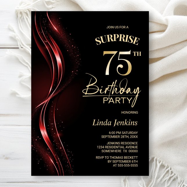 Invitation Surprise Black Red 75th Birthday Party (Créateur téléchargé)