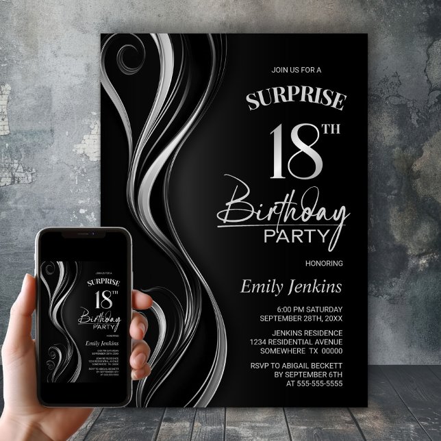 Invitation Surprise Black Silver 18e fête d'anniversaire (Créateur téléchargé)
