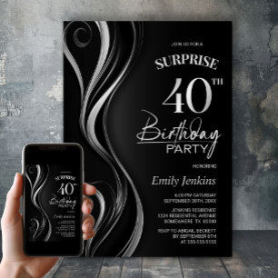 Invitation Surprise Black Silver 40e fête d'anniversaire