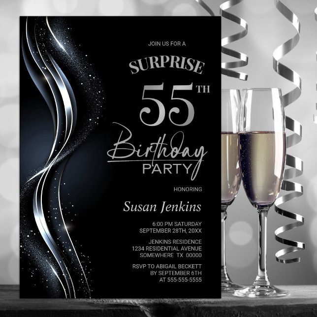 Invitation Surprise Black Silver 55e fête d'anniversaire (Créateur téléchargé)