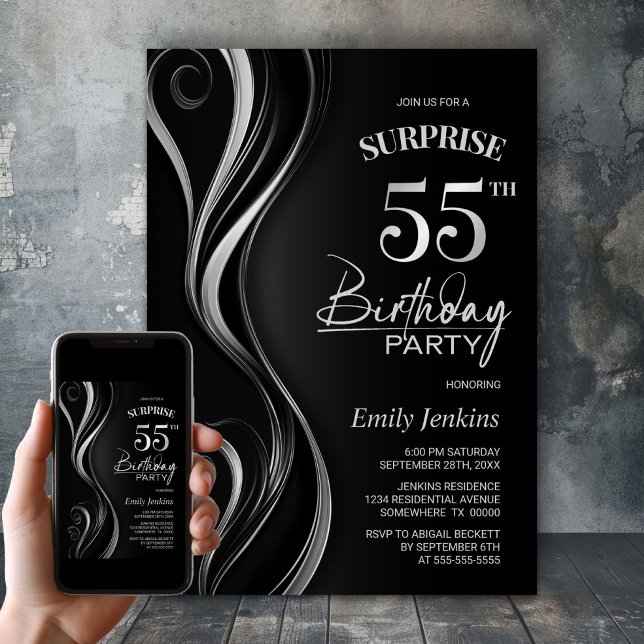 Invitation Surprise Black Silver 55e fête d'anniversaire (Créateur téléchargé)
