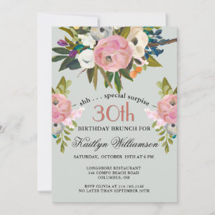 Invitation SURPRISE Brunch Élégant Fleurs 30e Anniversaire 