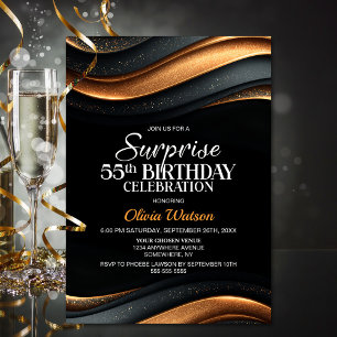 Invitation Surprise de fête d'anniversaire 55 ans noir et ora
