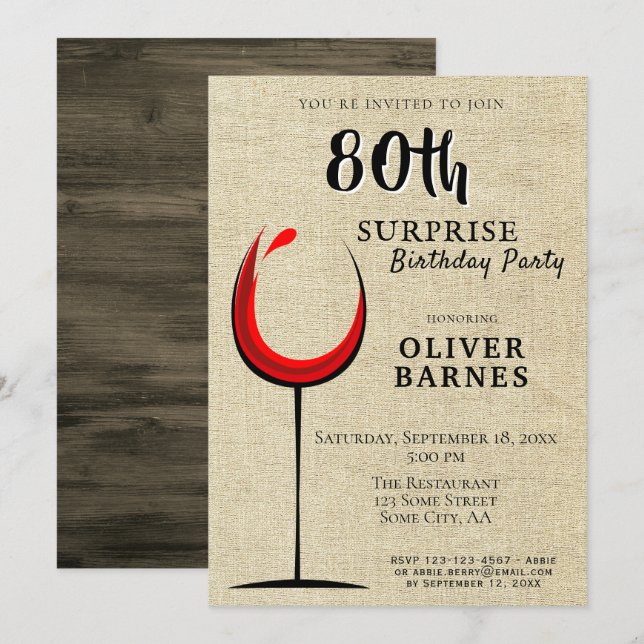 Invitation Surprise de vin rouge rustique pour 80 ans (Devant / Derrière)