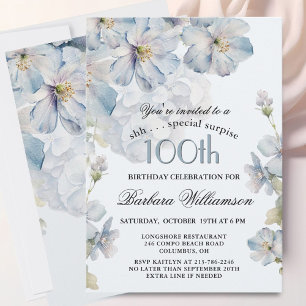 Invitation SURPRISE Élégant Anniversaire 100 ans Fleurs Bleue