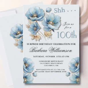 Invitation SURPRISE Élégant Fleurs Bleues 100e Anniversaire
