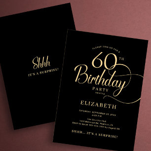Invitation Surprise élégant noir or écriture 60e anniversaire