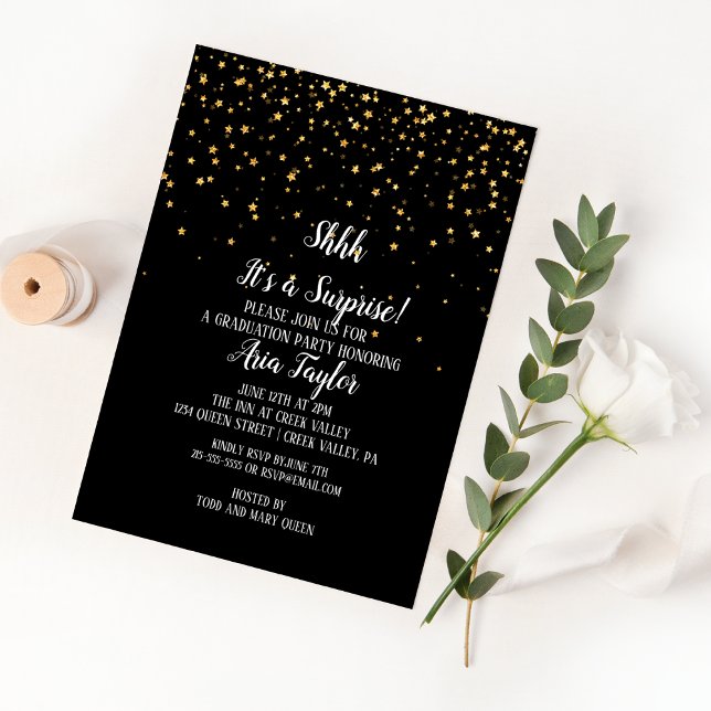 Invitation Surprise en or avec confettis sur fond noir pour l (Créateur téléchargé)