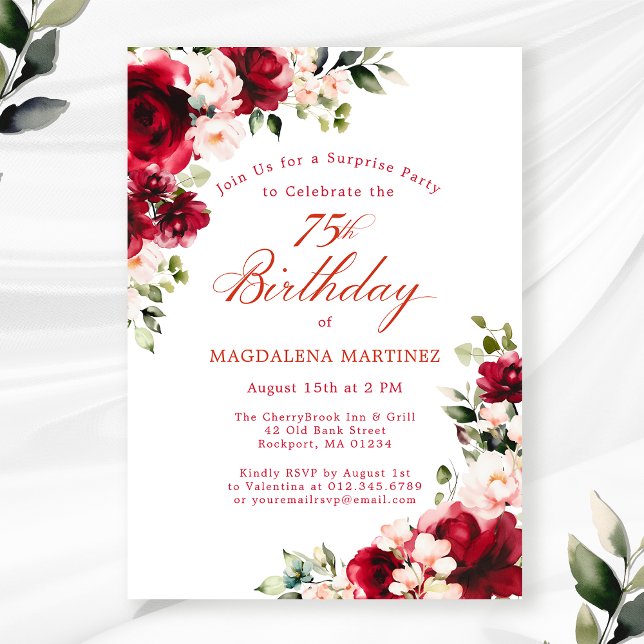 Invitation SURPRISE FÊTE 75e anniversaire Floral rose rouge (Créateur téléchargé)
