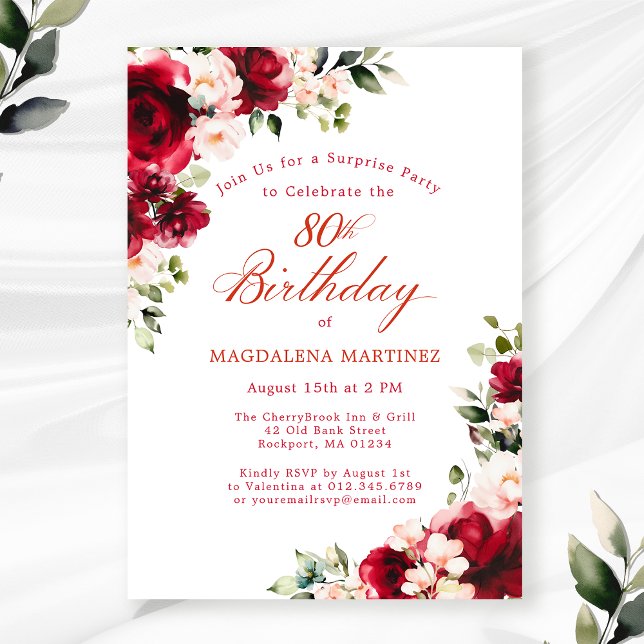 Invitation SURPRISE FÊTE 80e anniversaire Rouge rose floral (Créateur téléchargé)