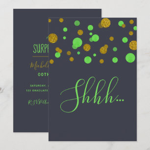 Invitation Surprise fête d'anniversaire confetti vert et or