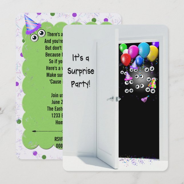 Invitation Surprise fête d'anniversaire derrière la porte (Devant / Derrière)