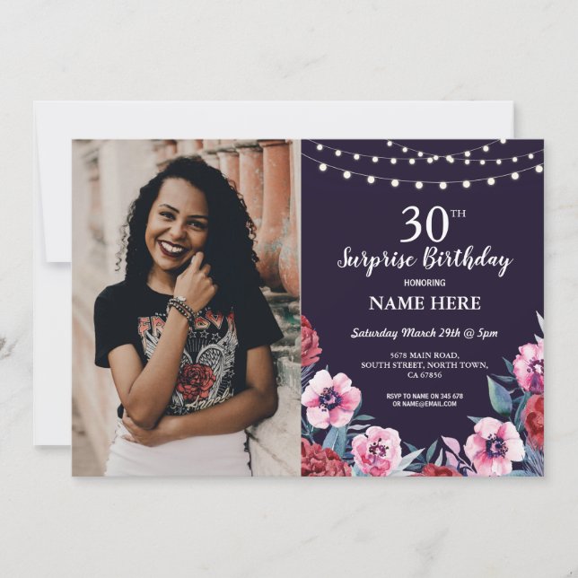 Invitation Surprise fête d'anniversaire Marine rose florale p (Devant)