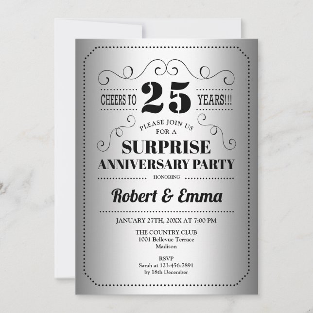 Invitation Surprise fête du 25e anniversaire - Silver Black (Devant)