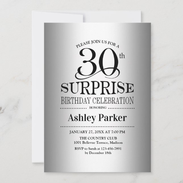 Invitation Surprise fête du 30e anniversaire - Argent (Devant)