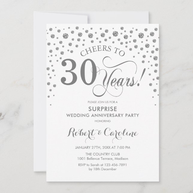 Invitation Surprise fête du 30e anniversaire - Silver White (Devant)