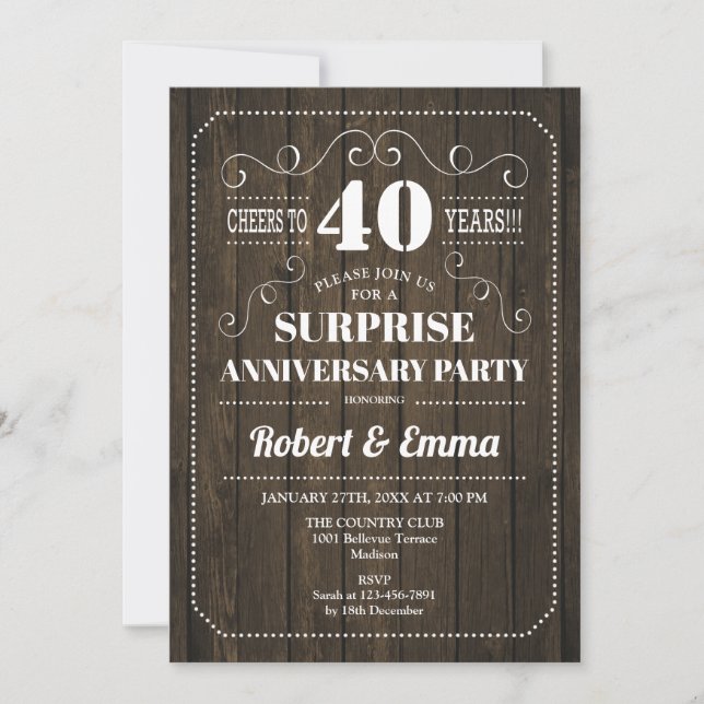 Invitation Surprise fête du 40e anniversaire - Bois rustique (Devant)